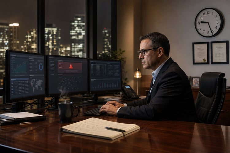 Security leader working late at three monitors, one showing a red alert, in an office overlooking a city at night