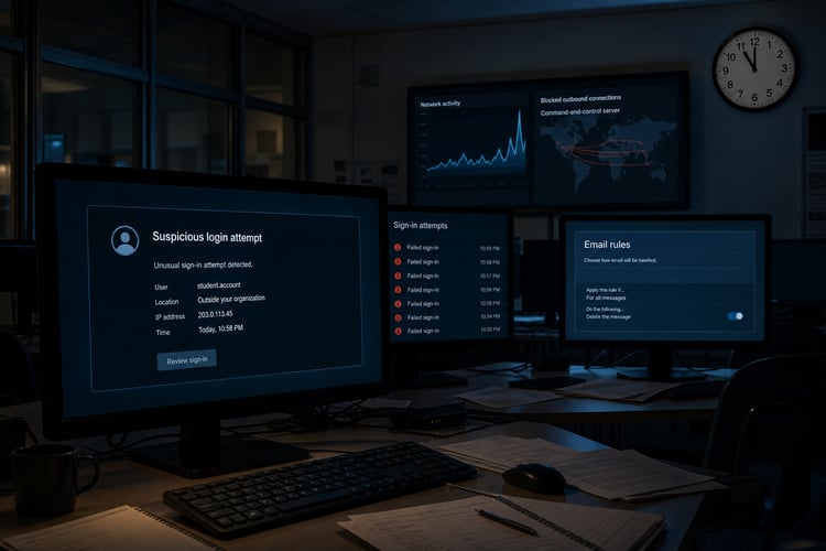 Dark school computer lab at night, with monitors showing a suspicious login alert, a list of failed sign-ins and an email rules panel