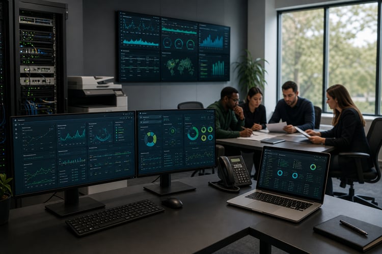 Four IT staff review security dashboards at a conference table beside a server rack, network printer, and wall monitors.