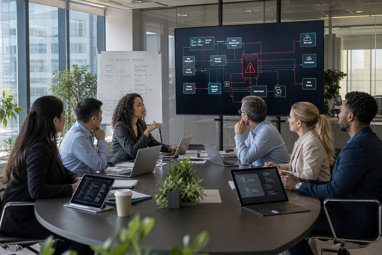 IT and security team meeting around a conference table, discussing a network diagram with a highlighted alert on a wall screen
