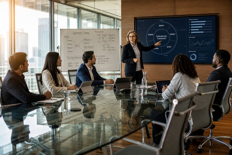 Security leader presenting a cybersecurity framework diagram to a small team in a conference room