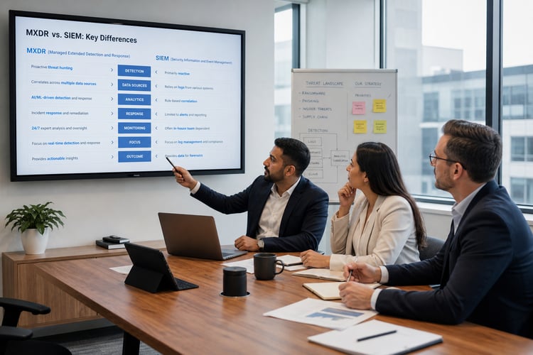 Security analyst presenting detection, analytics and response capabilities on a wall screen to two colleagues at a conference table