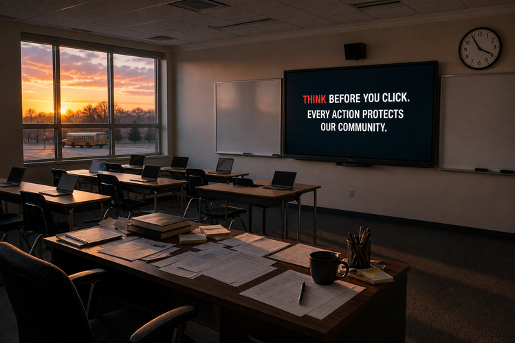 Empty classroom at sunset with open laptops on desks and a wall screen reading 