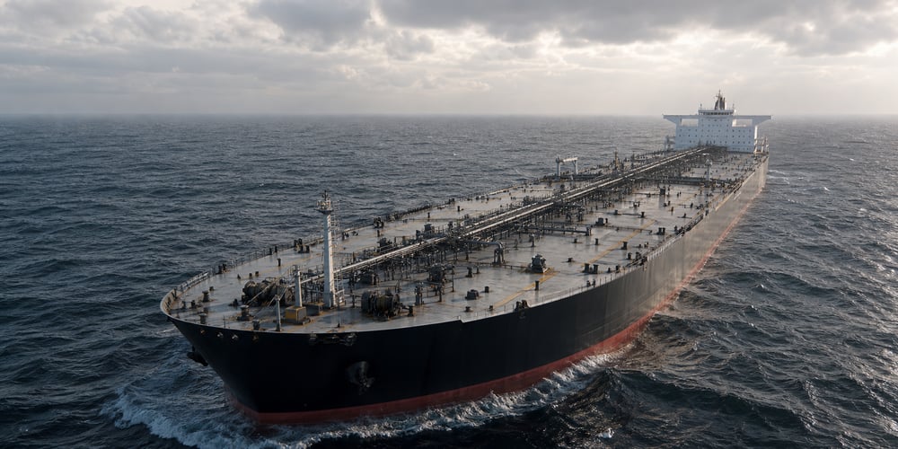 Crude oil tanker underway on the open ocean under an overcast sky, with no land in sight