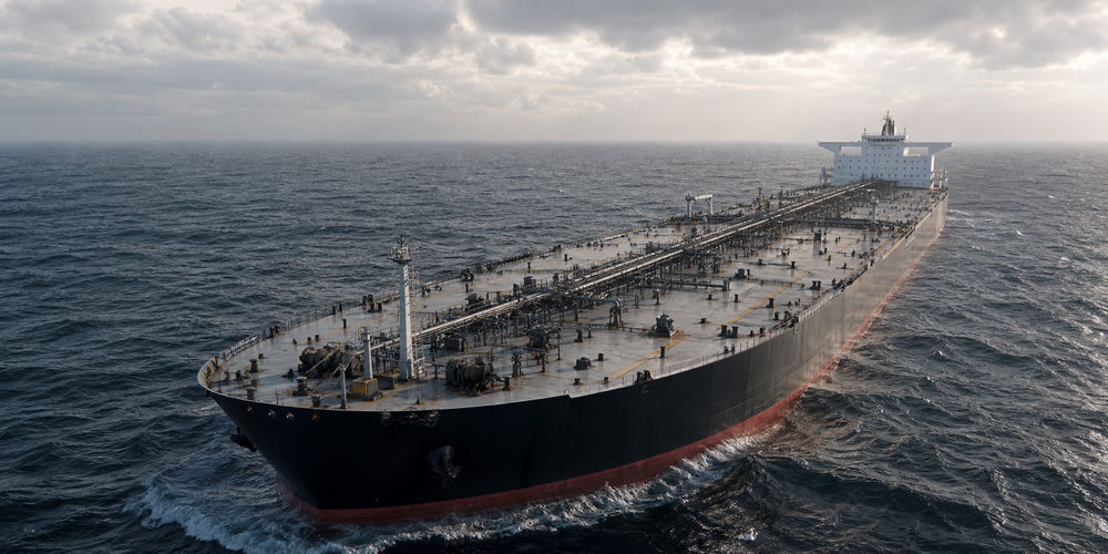 Crude oil tanker underway on the open ocean under an overcast sky, with no land in sight